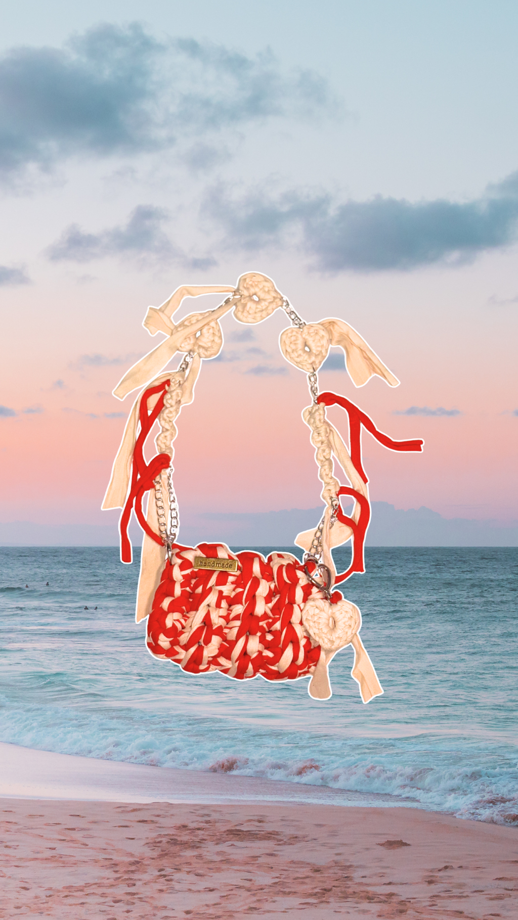 Decorative swing with red and white pattern against a beach backdrop