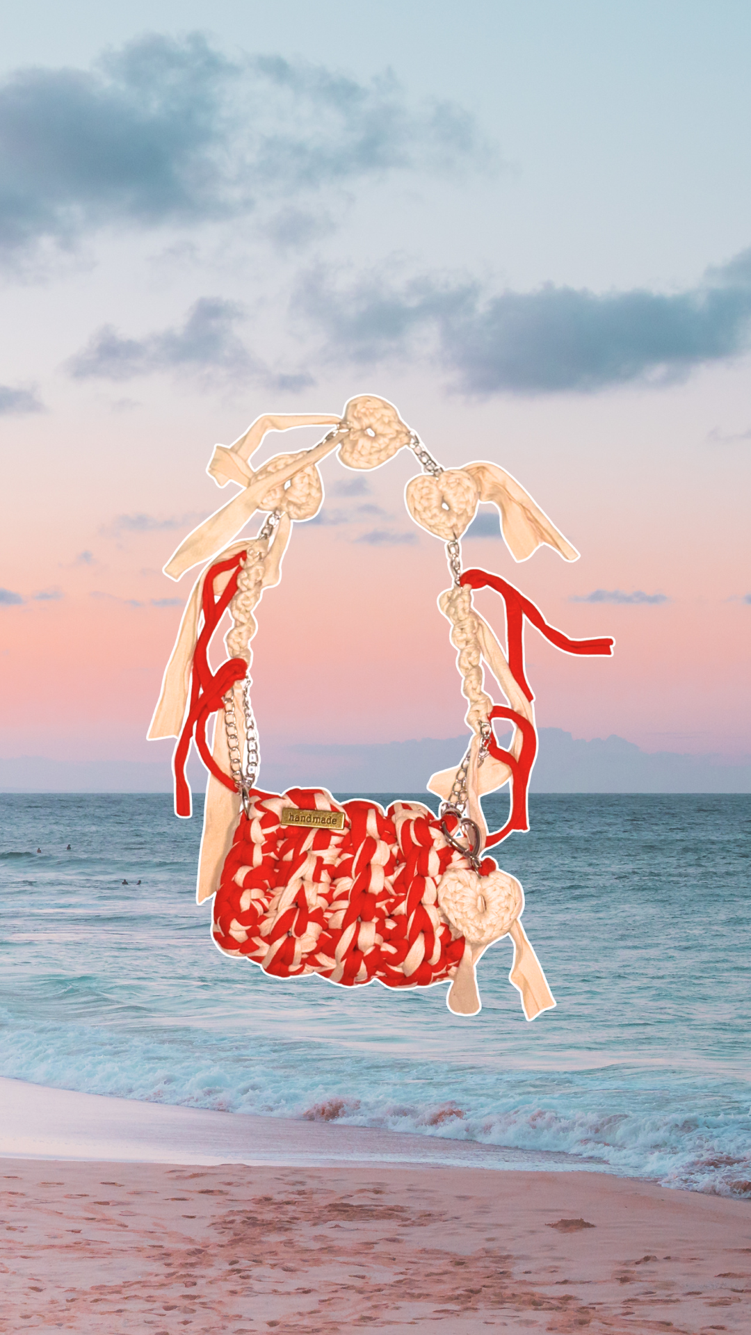 Decorative swing with red and white pattern against a beach backdrop